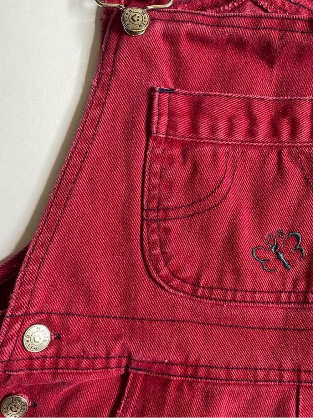 Vintage kids deep red denim butterfly overalls - Picture 4 of 8